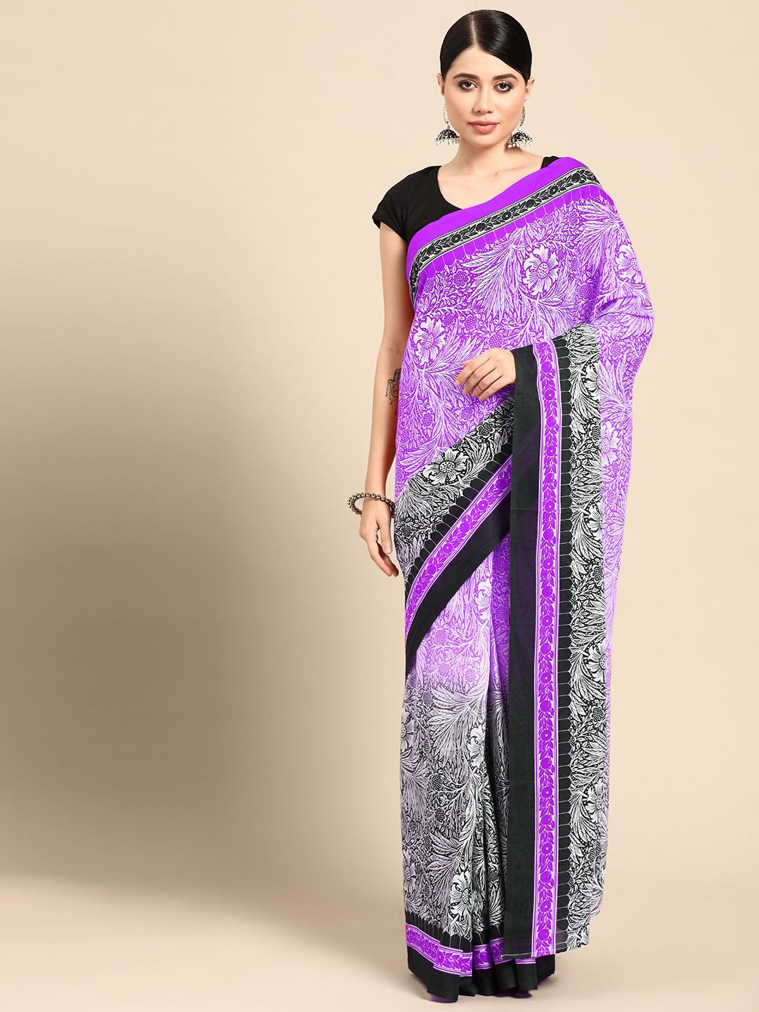 

BUTA BUTI Floral Pure Cotton Saree, Purple