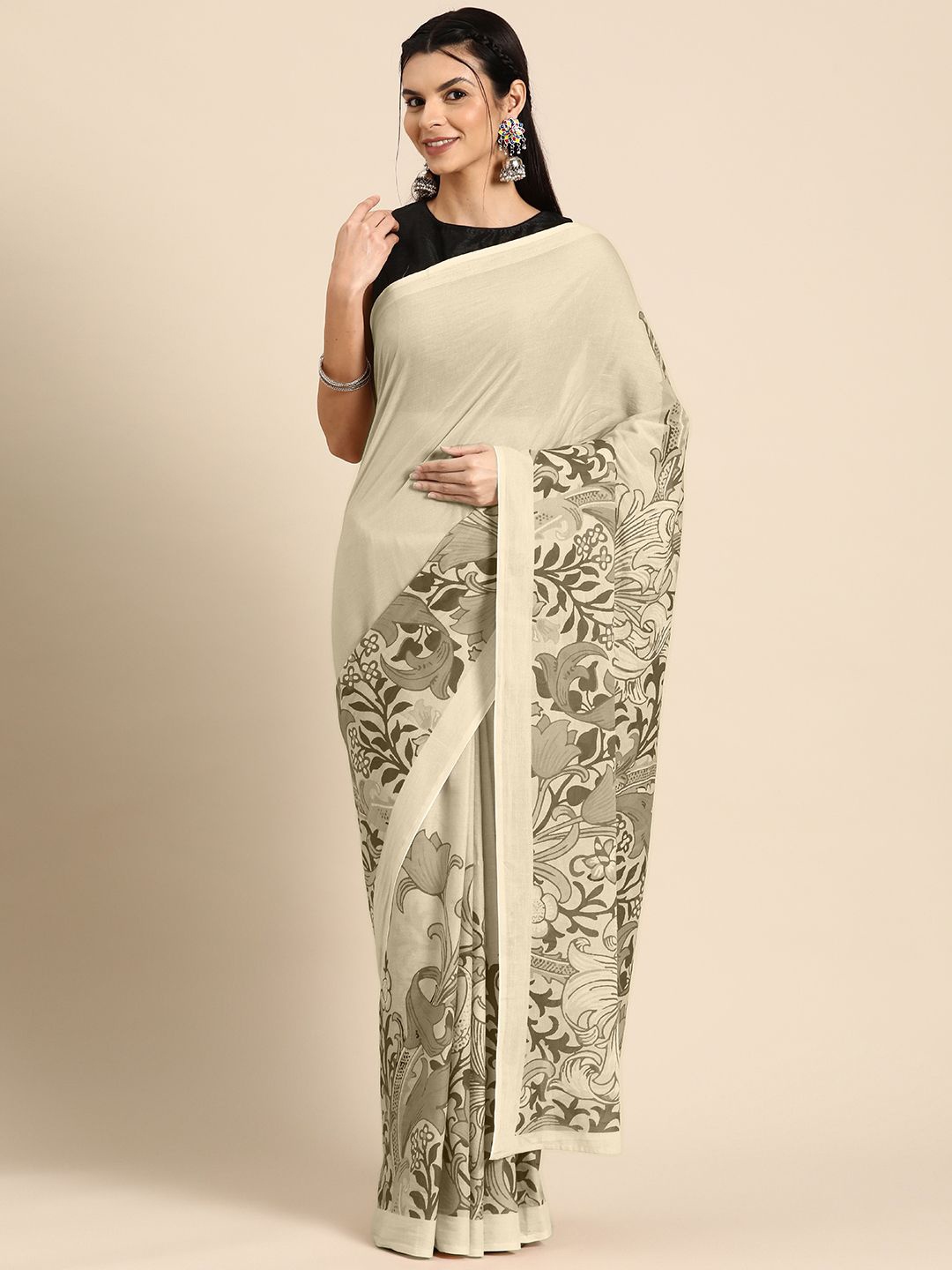 

BUTA BUTI Floral Pure Cotton Saree, Camel brown