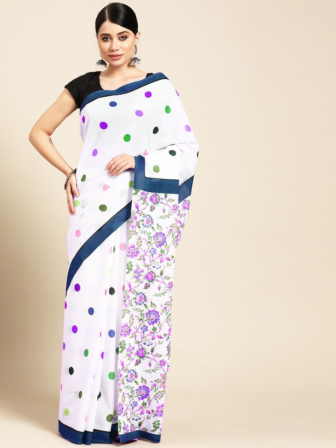 

BUTA BUTI Women Polka Dot Pinted Pure Cotton Saree, White