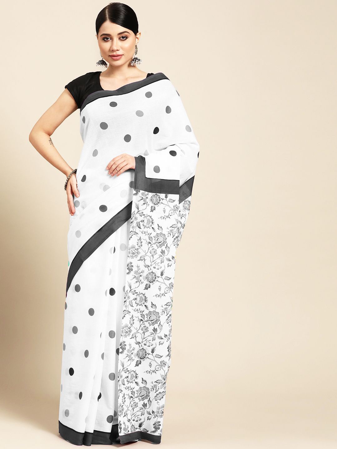 

BUTA BUTI Polka Dot Pure Cotton Saree, Black