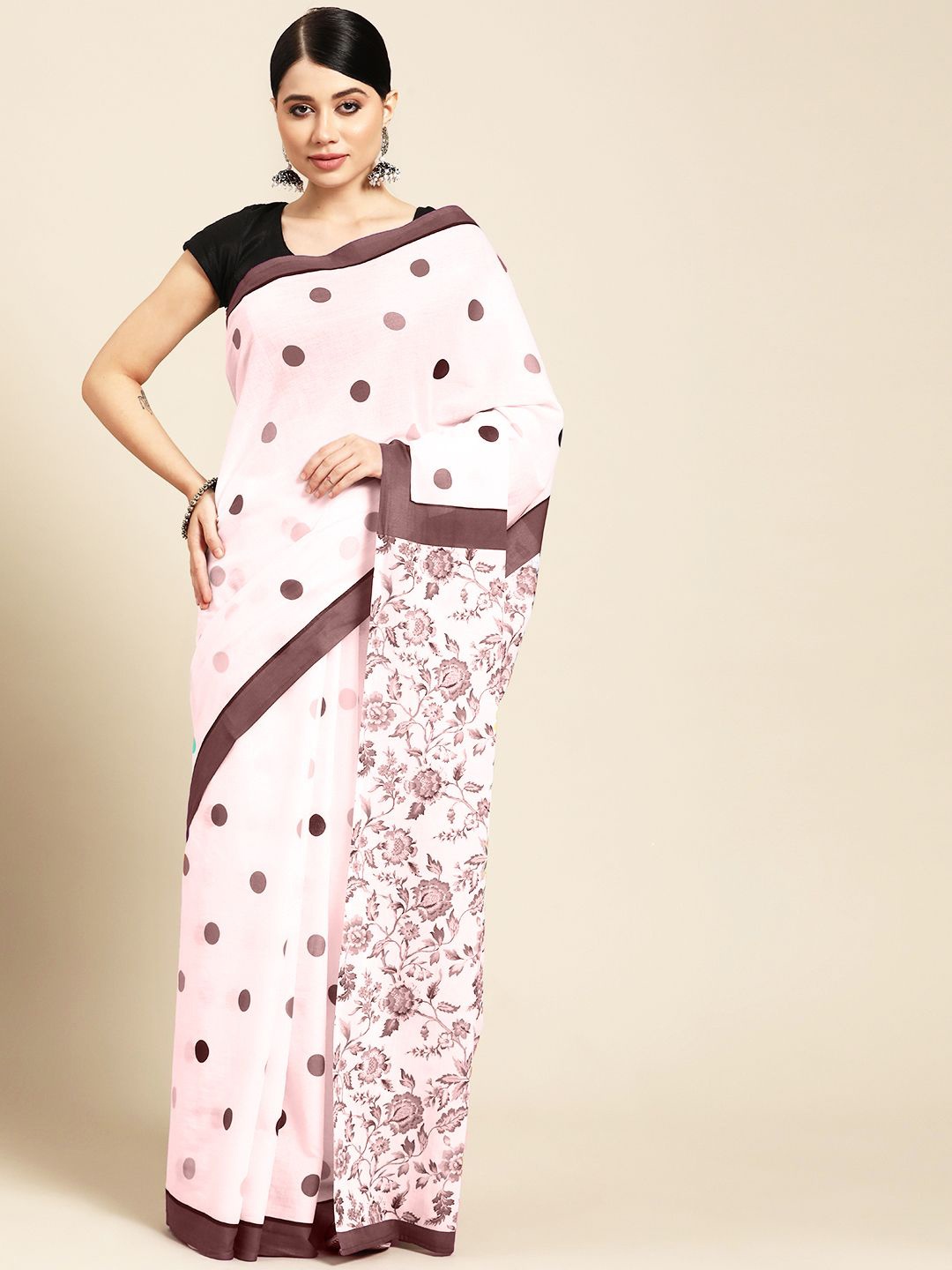 BUTA BUTI Polka Dot Printed Pure Cotton Saree, Pink
