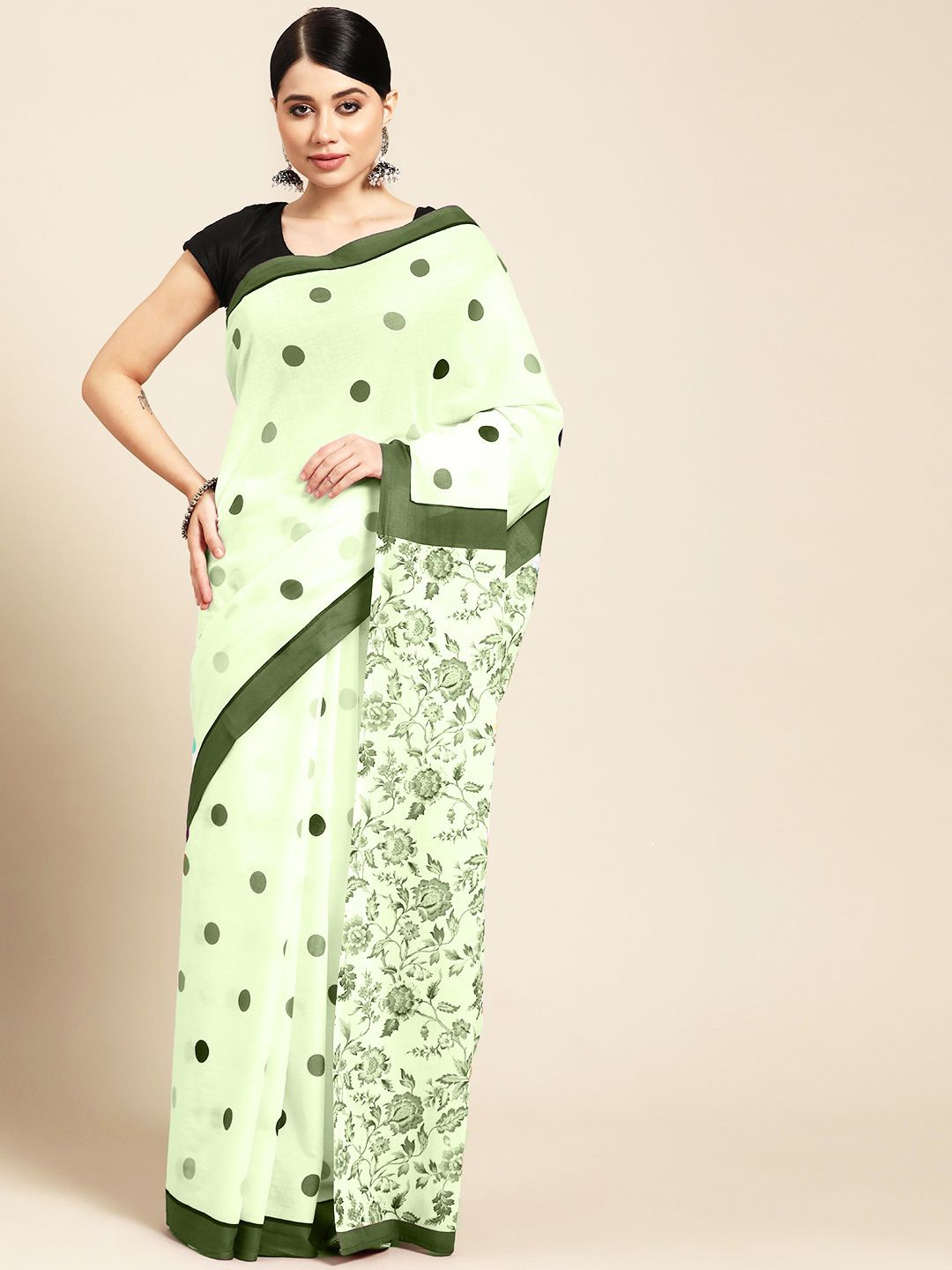 

BUTA BUTI Polka Dot Pure Cotton Saree, Green