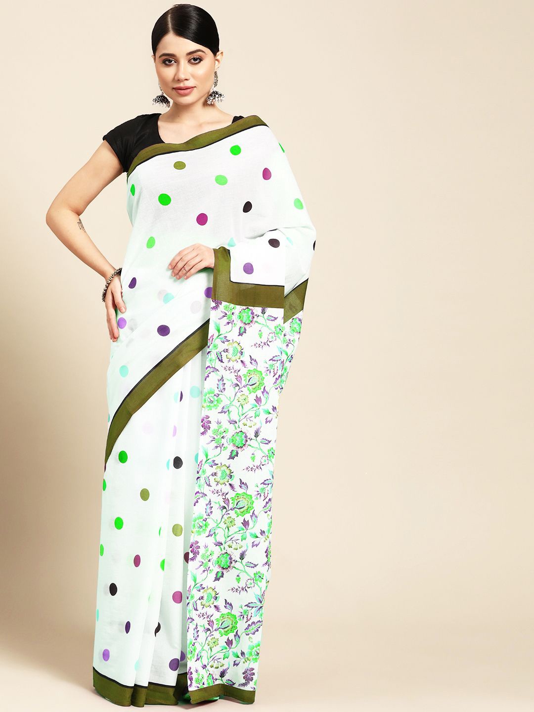 

BUTA BUTI Polka Dot Pure Cotton Saree, White