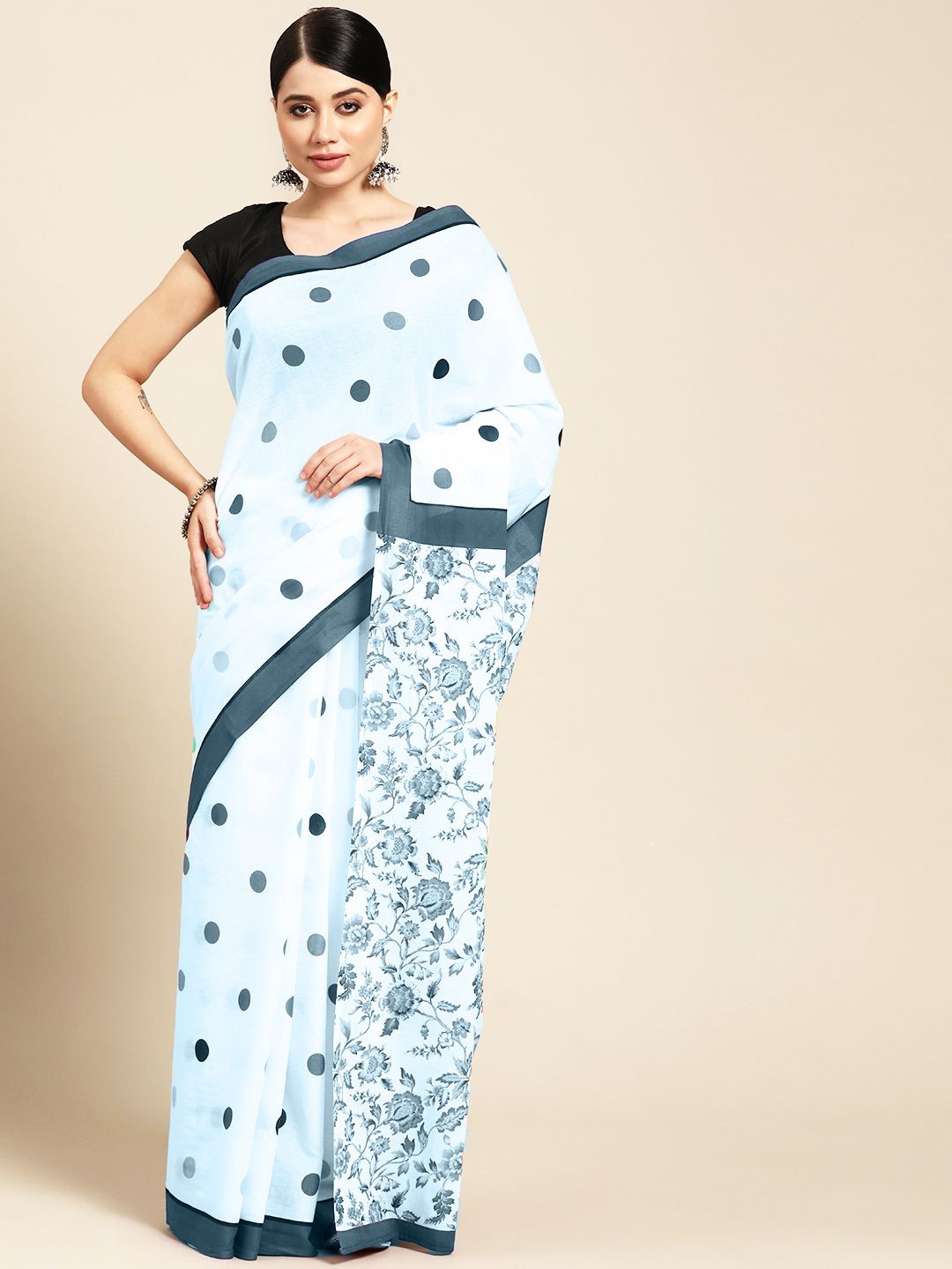 

BUTA BUTI Polka Dot Pure Cotton Saree, Blue