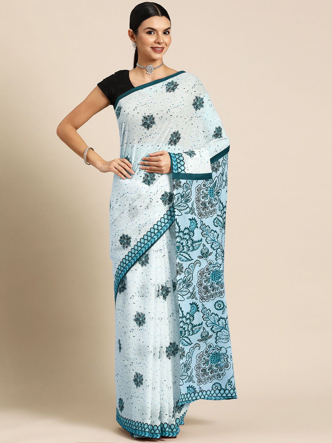 

BUTA BUTI Floral Pure Cotton Saree, Blue