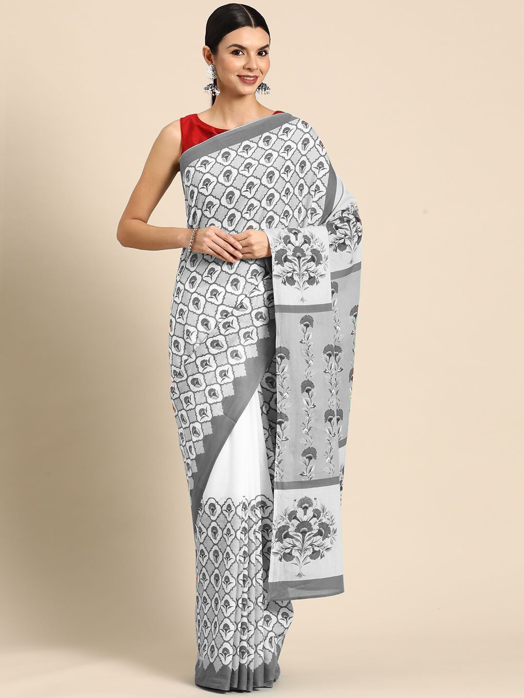 

BUTA BUTI Floral Printed Pure Cotton Saree, Grey