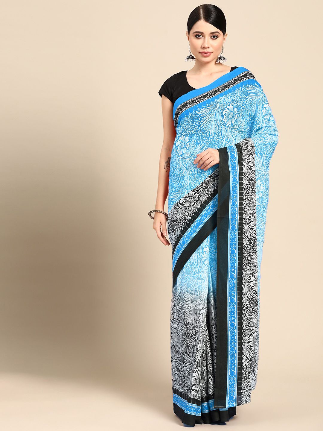 

BUTA BUTI Floral Printed Pure Cotton Saree, Blue