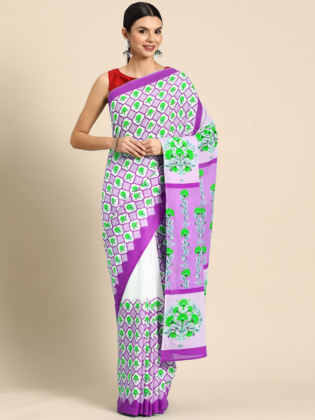 

BUTA BUTI Floral Pure Cotton Saree, Purple