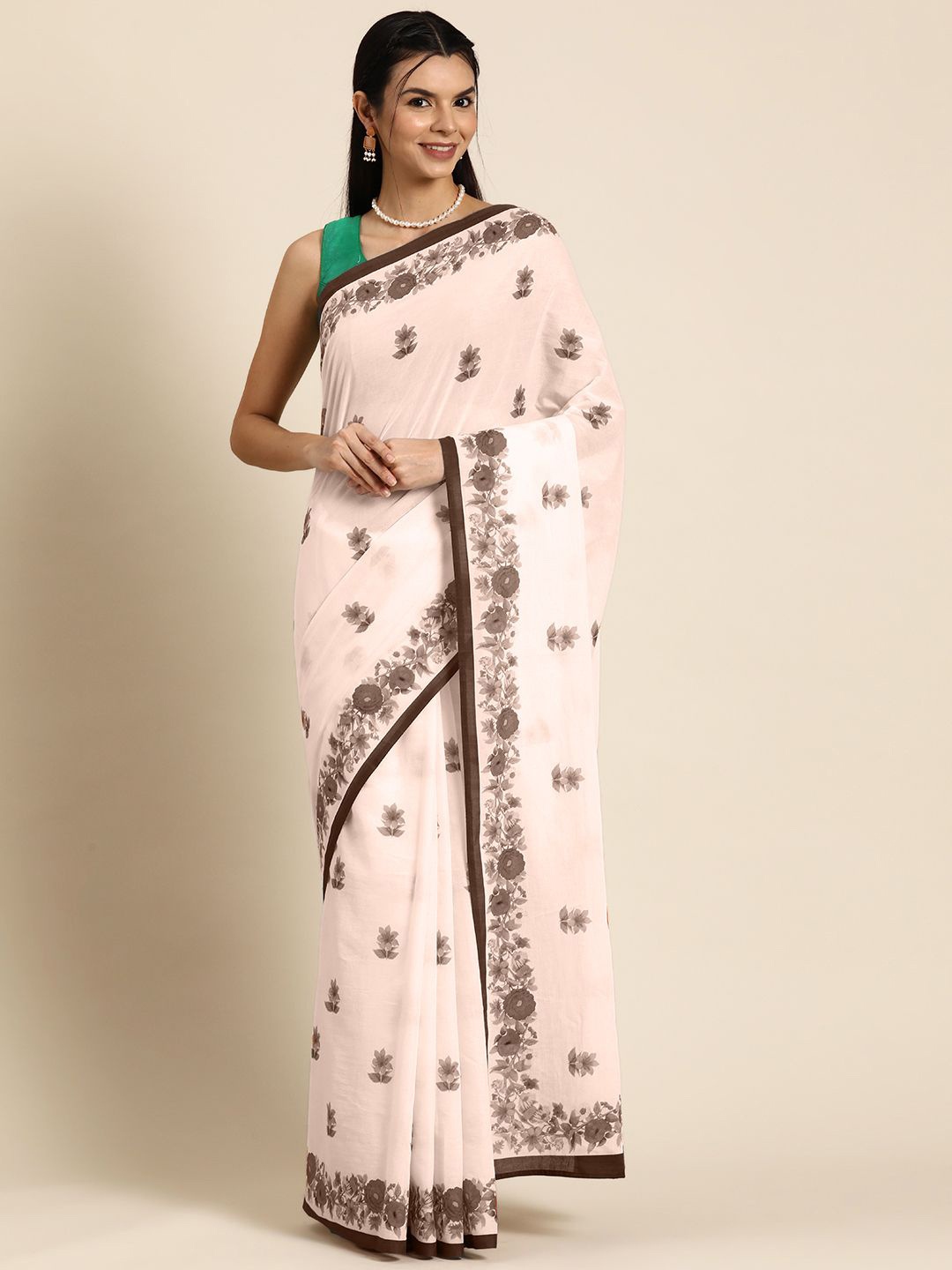 

BUTA BUTI Pure Cotton Floral Daily Saree, Coffee brown