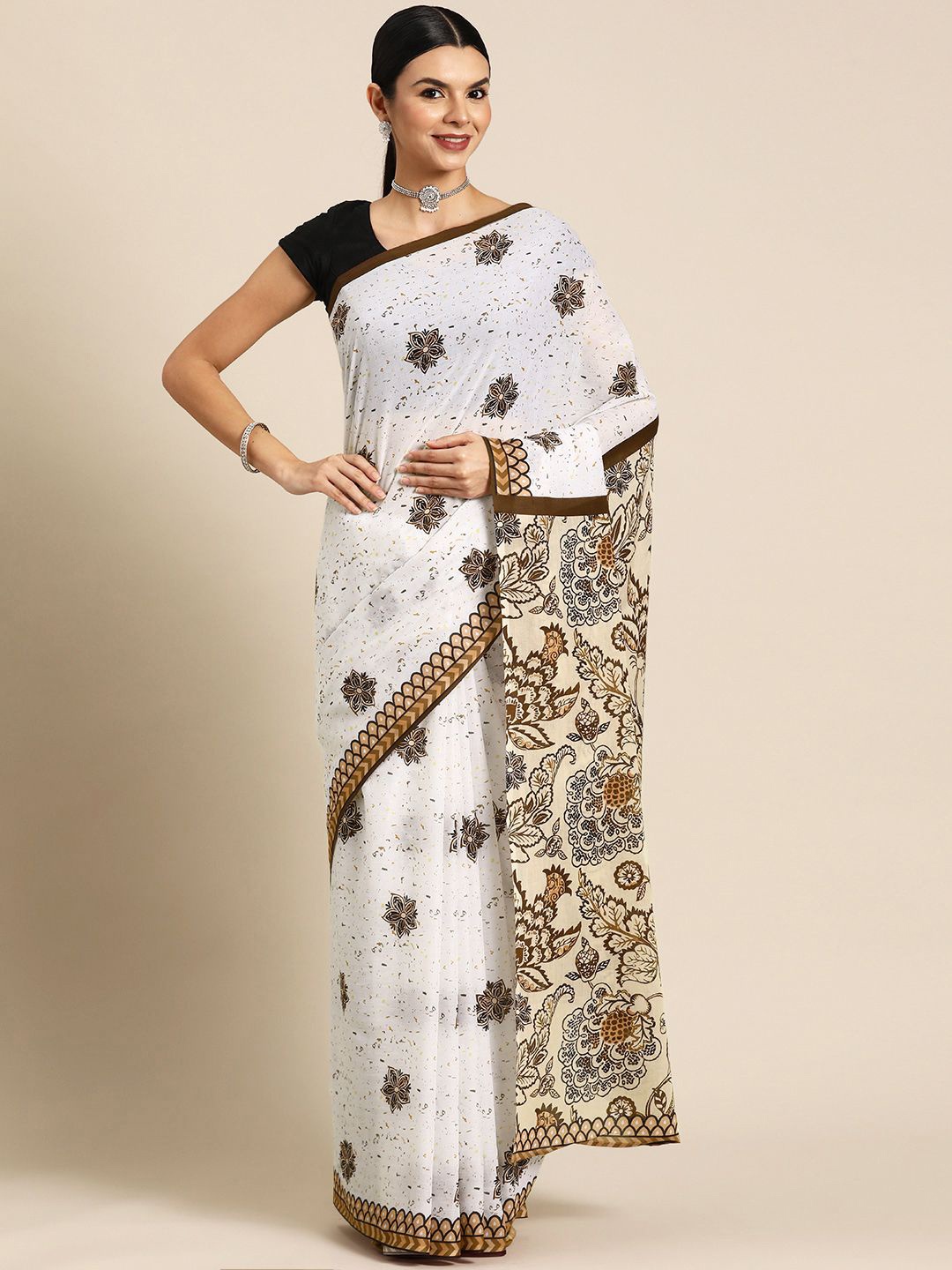 

BUTA BUTI Floral Printed Pure Cotton Saree, Beige