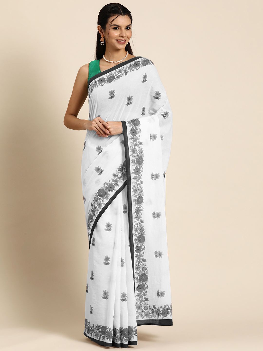 

BUTA BUTI Floral Printed Pure Cotton Saree, White