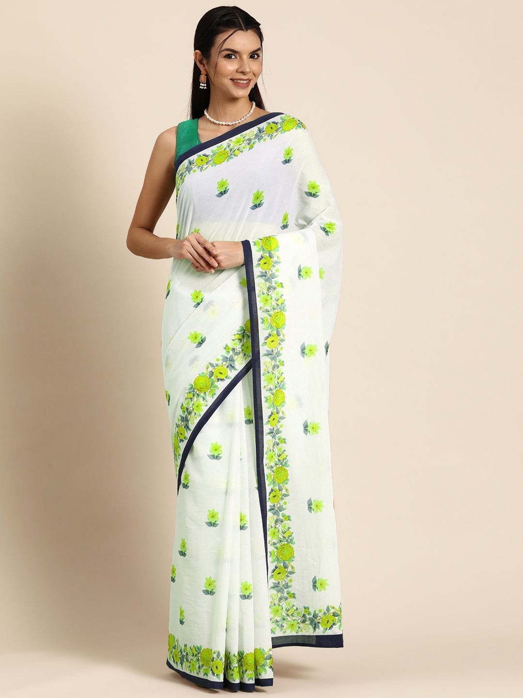 

BUTA BUTI Floral Pure Cotton Saree, Green