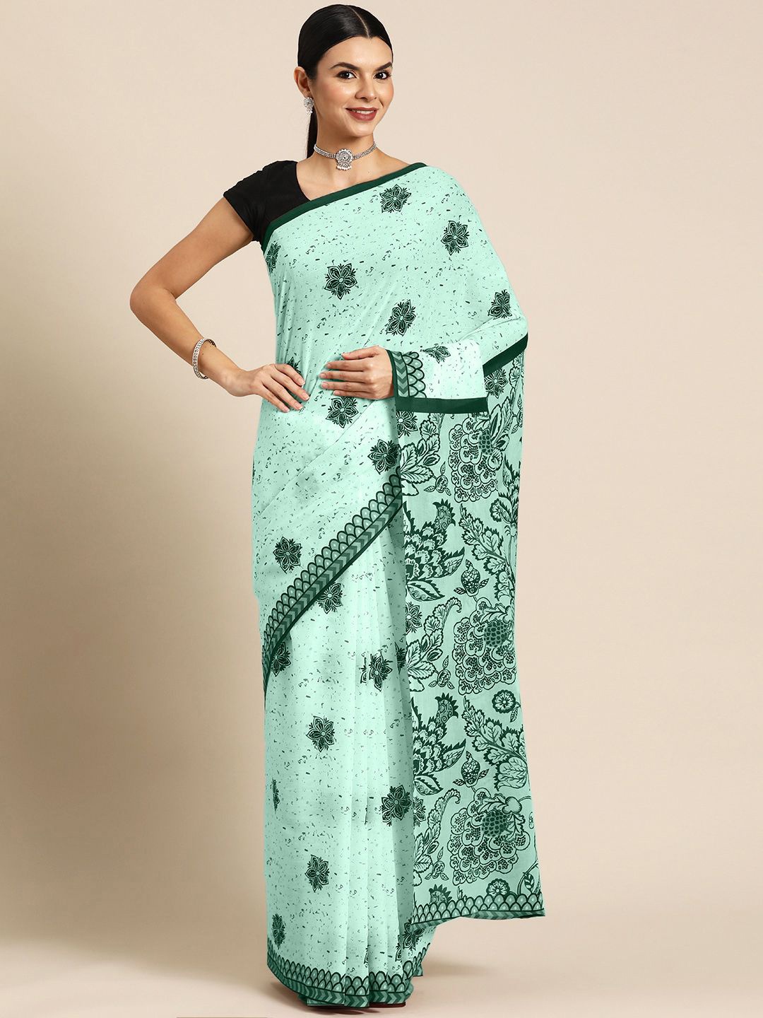 

BUTA BUTI Floral Printed Pure Cotton Saree, Sea green