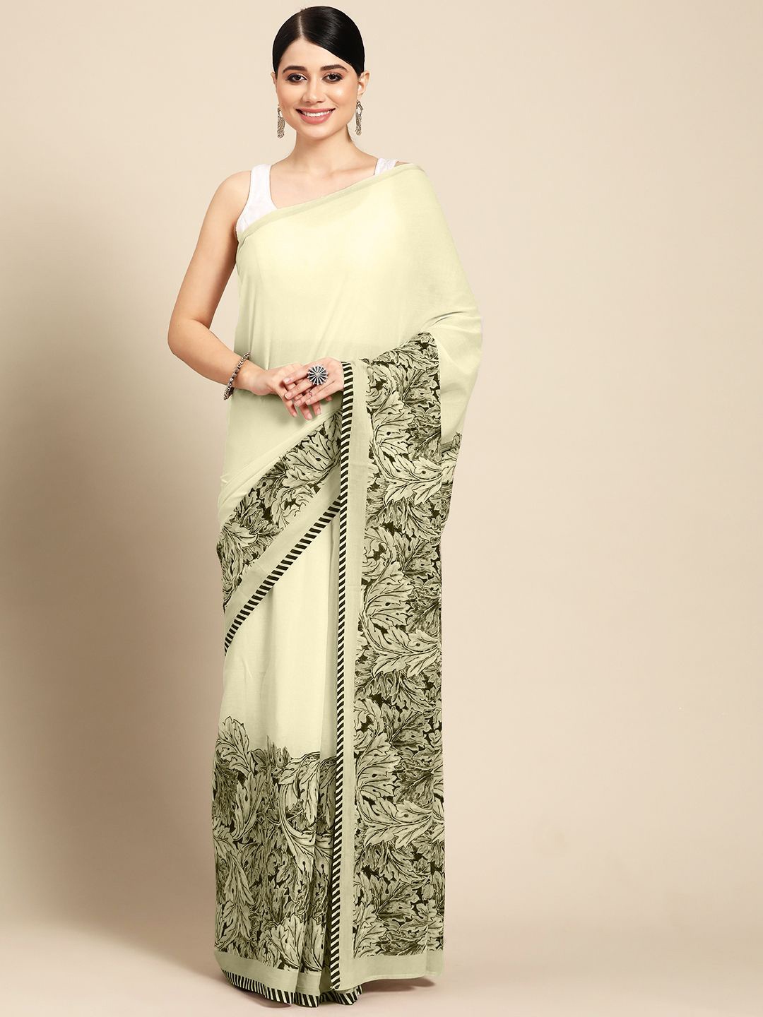 

BUTA BUTI Floral Printed Pure Cotton Saree, Olive