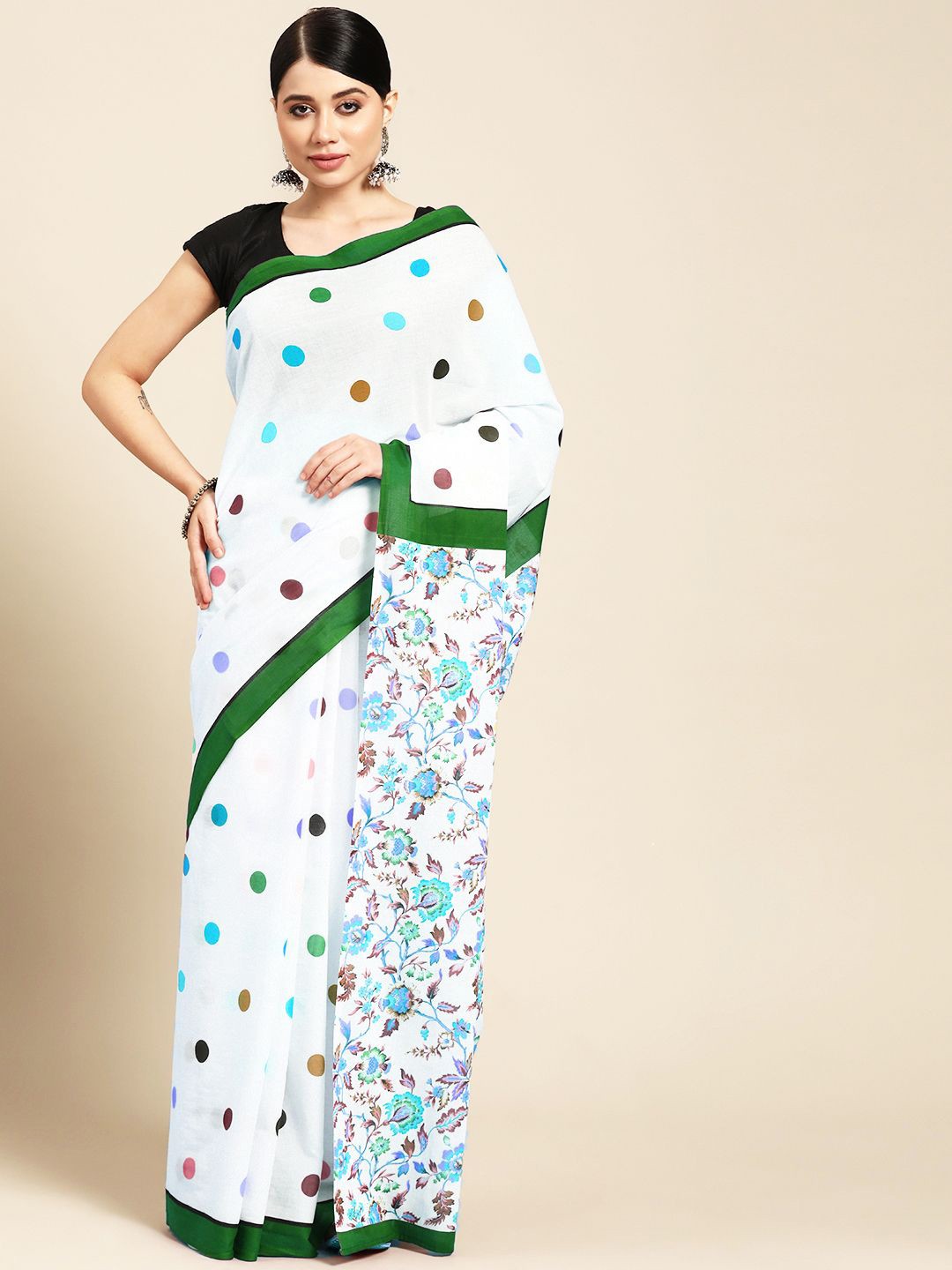 

BUTA BUTI Polka Dot Printed Pure Cotton Saree, White