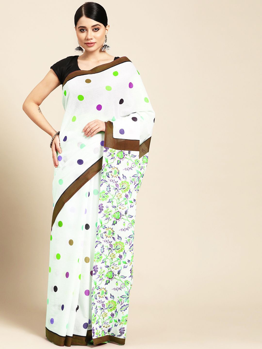 

BUTA BUTI Polka Dot Pure Cotton Saree, White