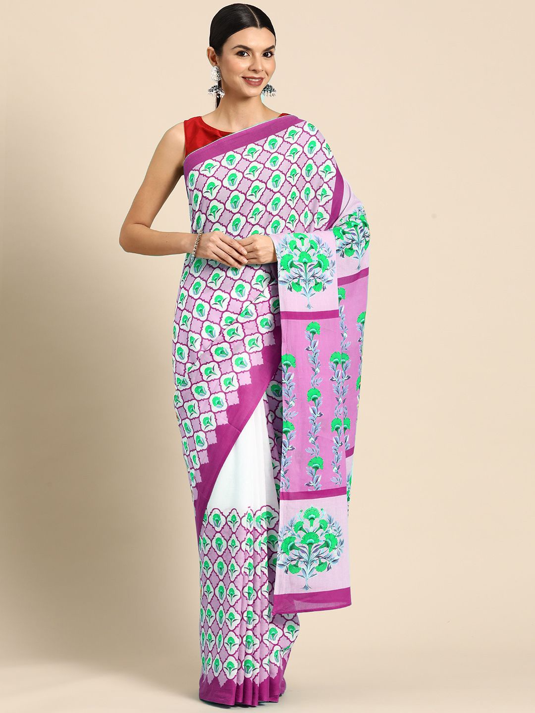 

BUTA BUTI Floral Pure Cotton Saree, Pink