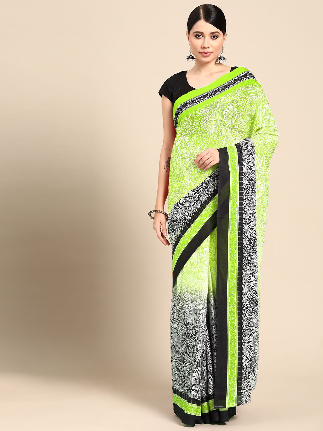 

BUTA BUTI Floral Printed Pure Cotton Saree, Green
