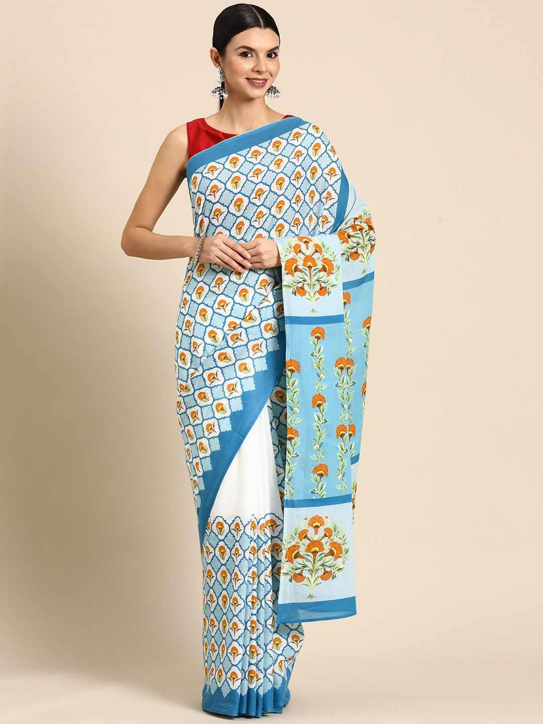 

BUTA BUTI Pure Cotton Floral Daily Saree, Blue