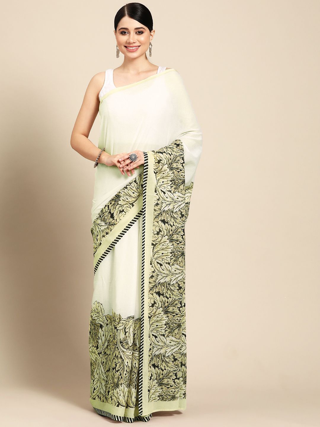 

BUTA BUTI Floral Printed Pure Cotton Saree, Lime green