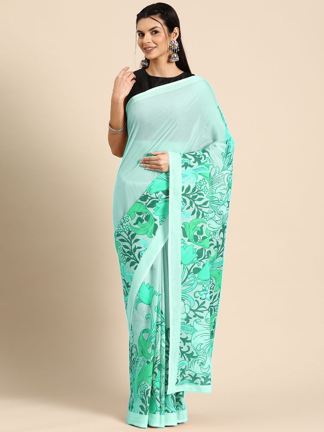 

BUTA BUTI Floral Pure Cotton Saree, Green