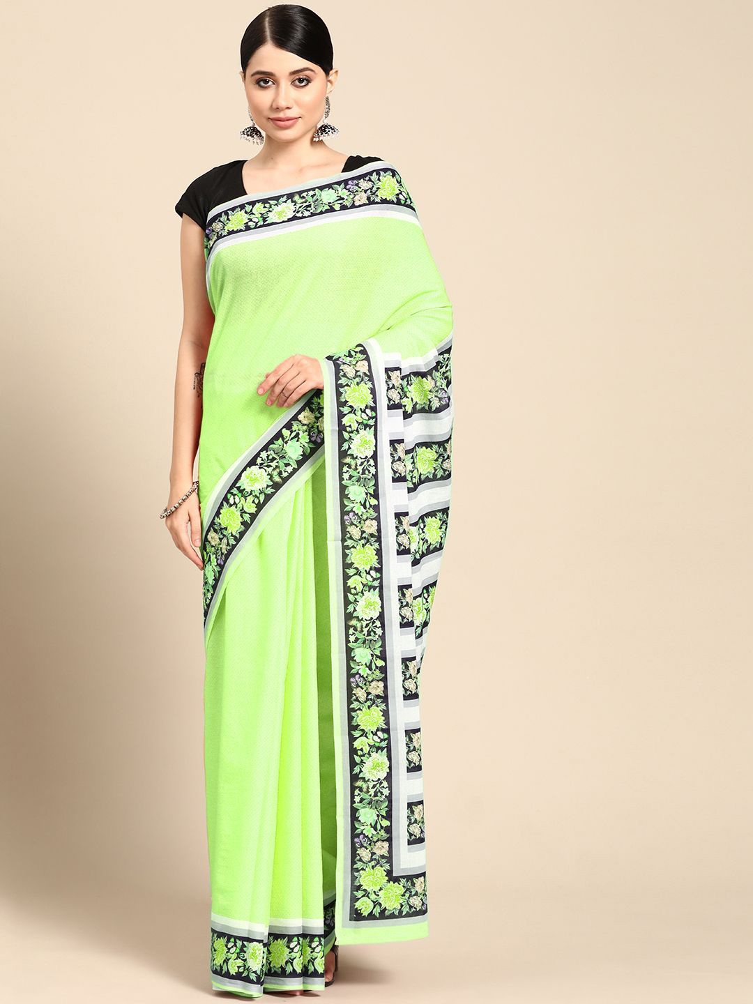 

BUTA BUTI Floral Printed Pure Cotton Saree, Lime green