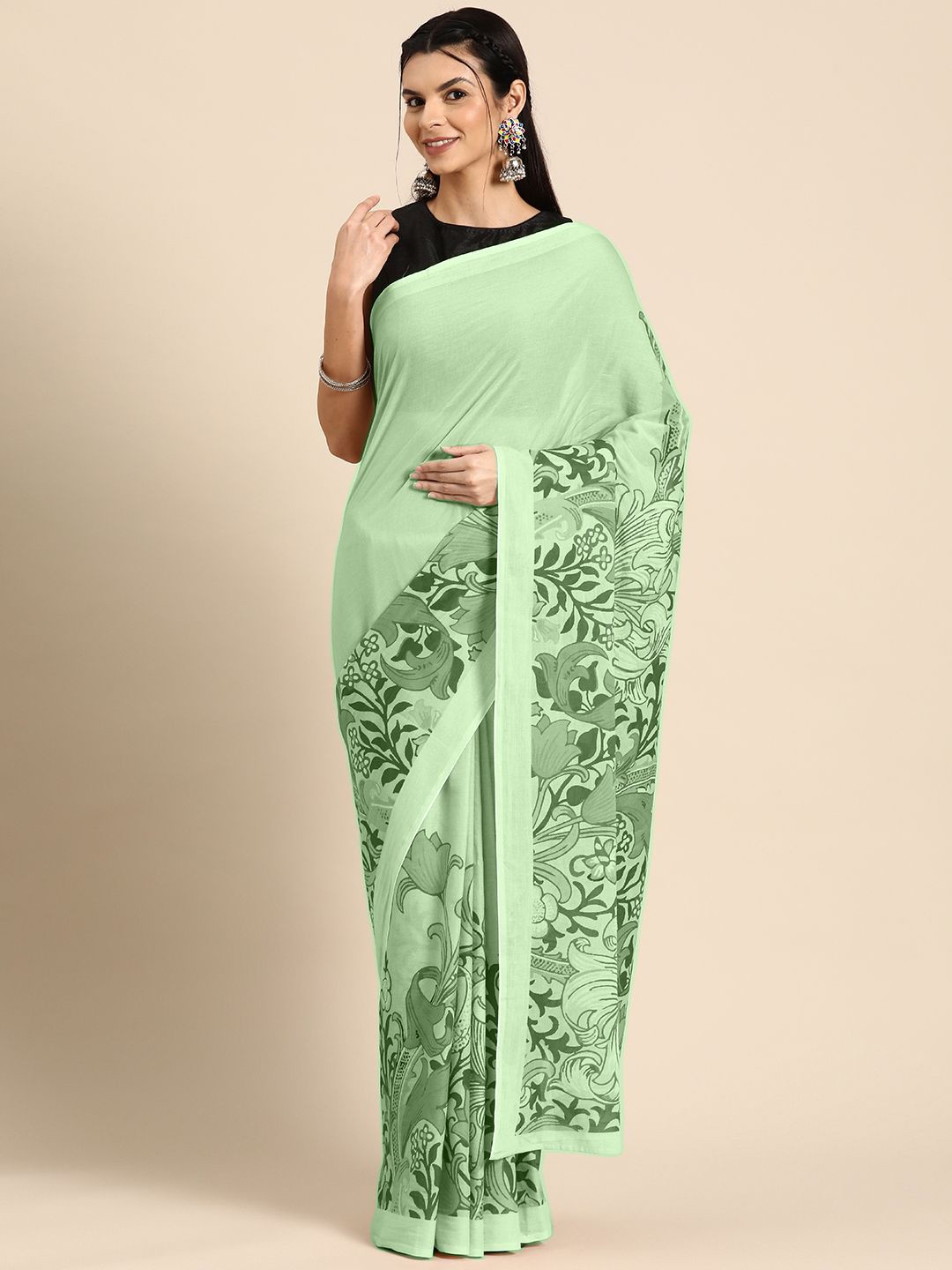 

BUTA BUTI Floral Printed Pure Cotton Saree, Green