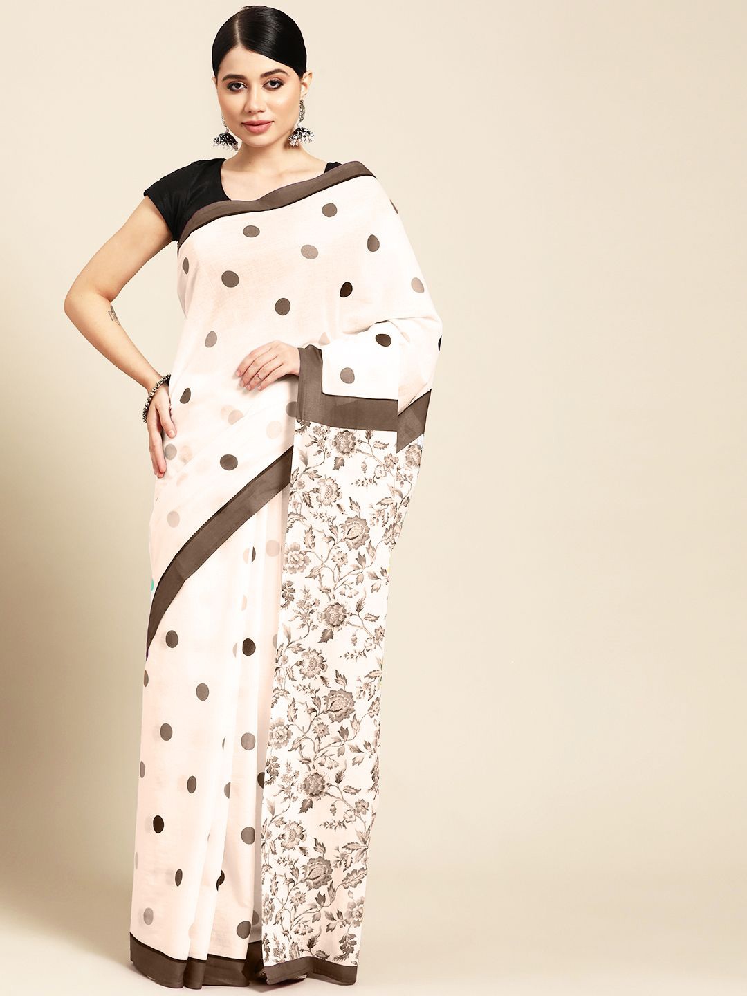 

BUTA BUTI Polka Dot Pure Cotton Saree, Brown