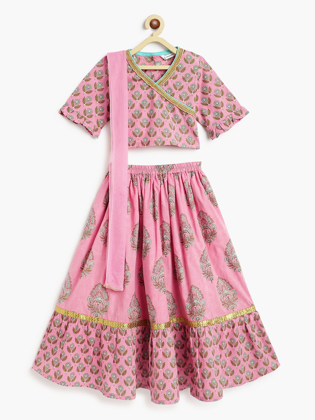

Campana Girls Printed Zari Ready to Wear Lehenga & Blouse With Dupatta, Pink