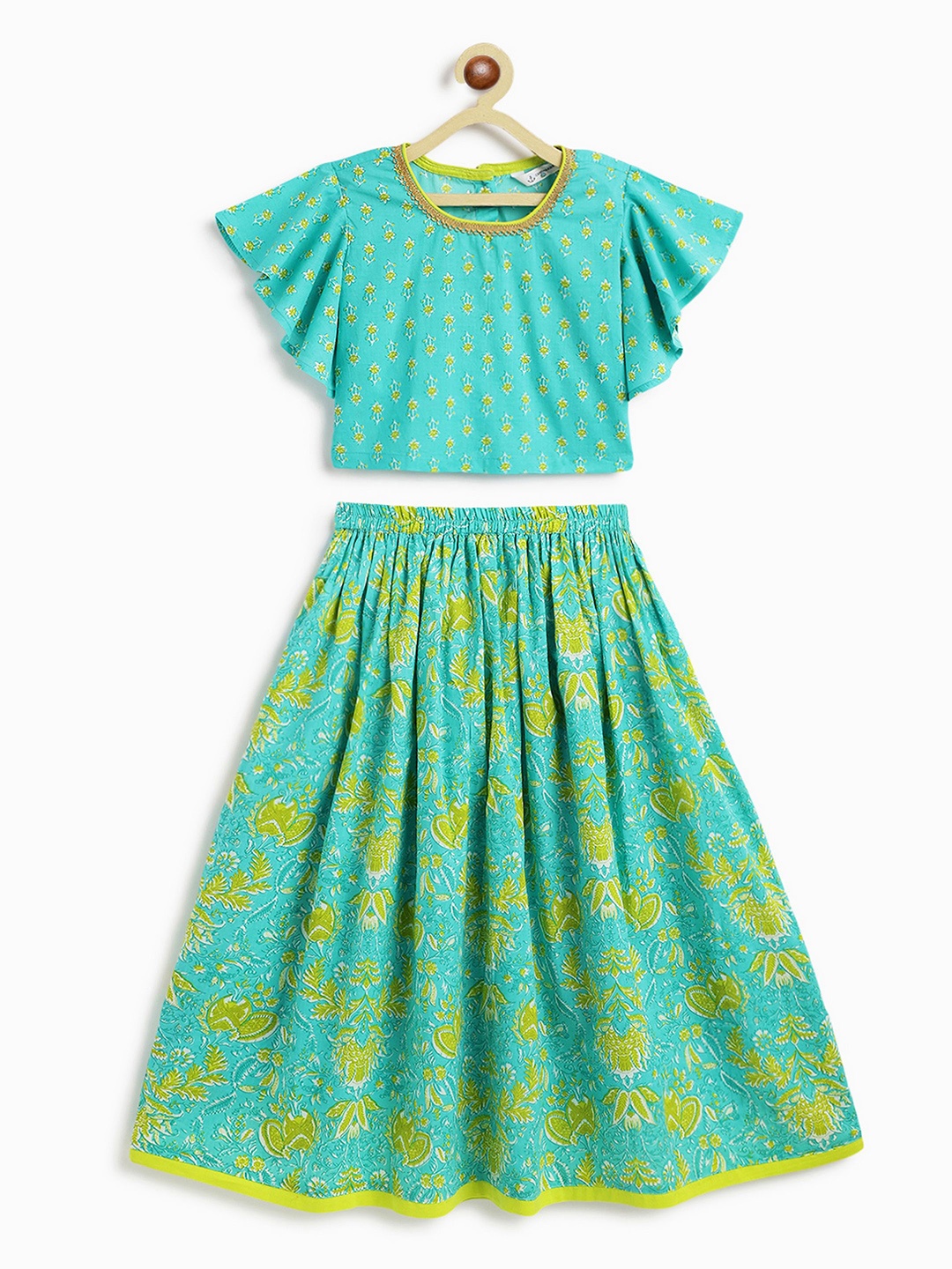 

Campana Girls Printed Flared Sleeves Cotton Ready to Wear Lehenga Choli, Turquoise blue