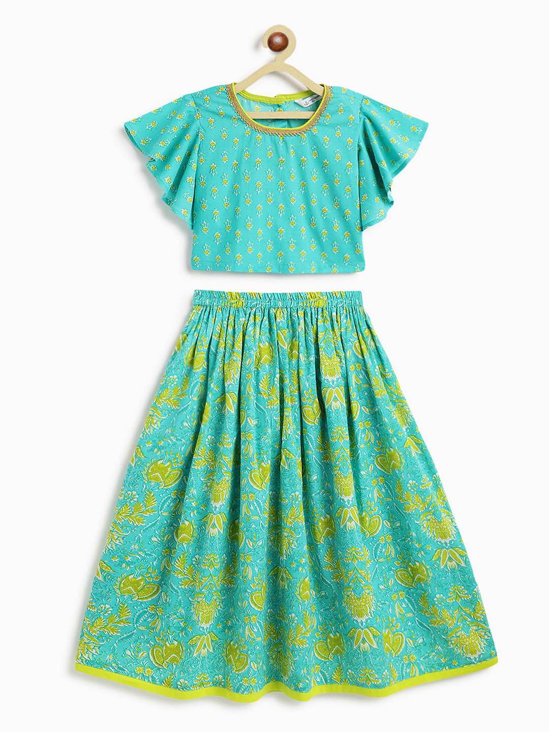 

Campana Girls Printed Flared Sleeves Cotton Ready to Wear Lehenga Choli, Turquoise blue