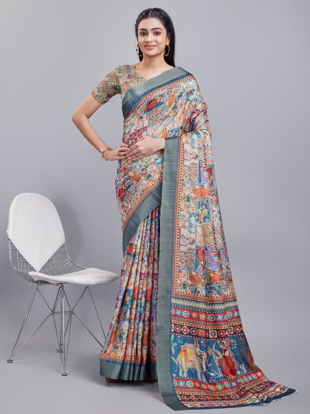

KALINI Floral Zari Saree, Grey