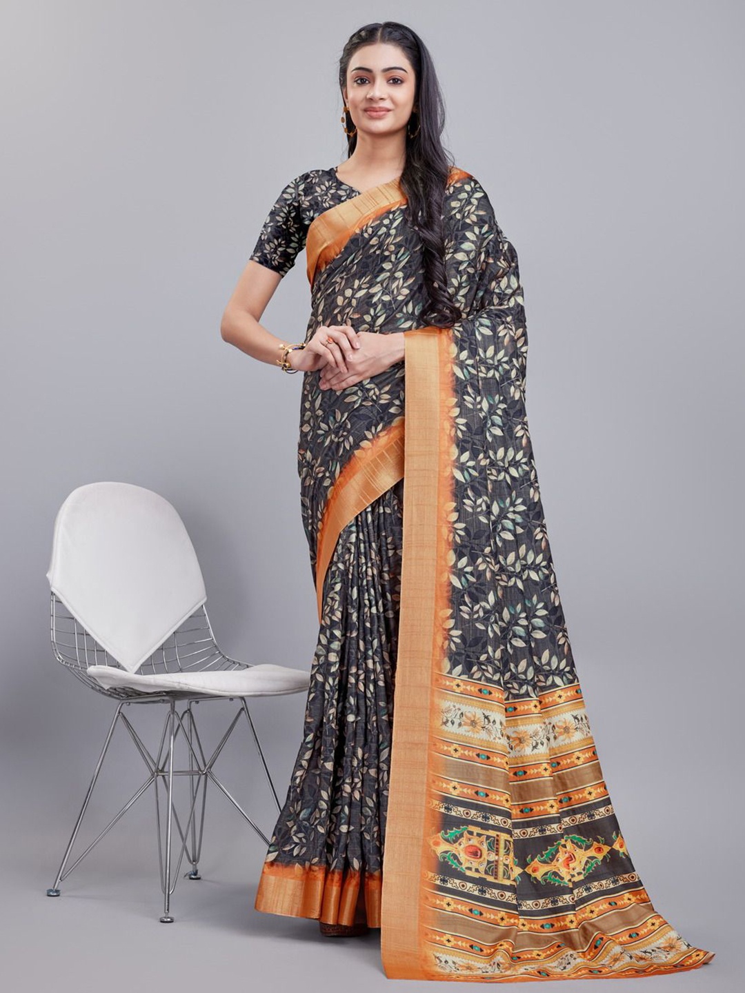 

KALINI Floral Printed Zari Saree, Charcoal