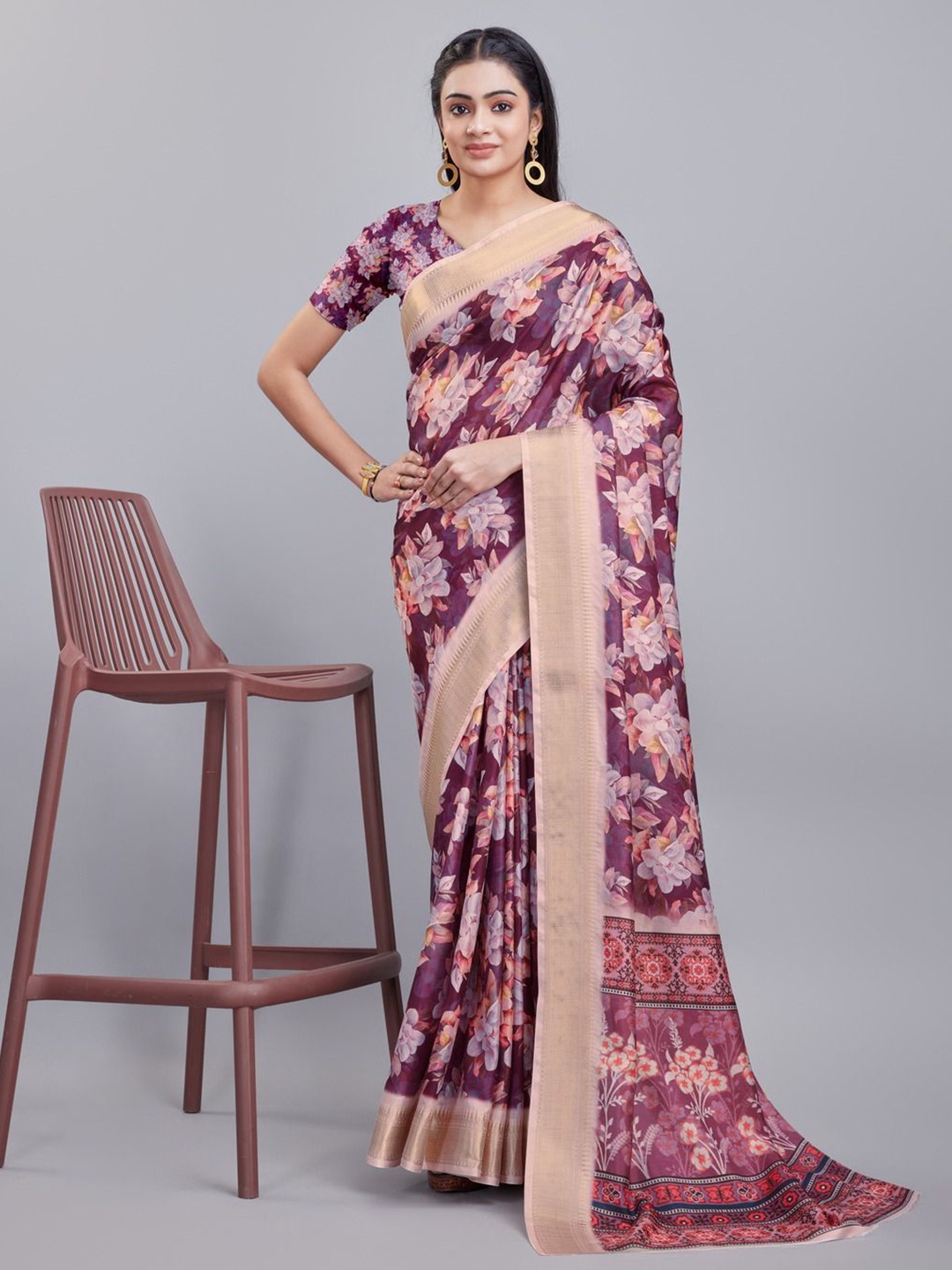 

KALINI Floral Zari Saree, Purple