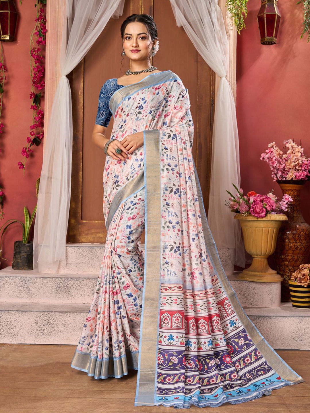 

KALINI Floral Zari Saree, White