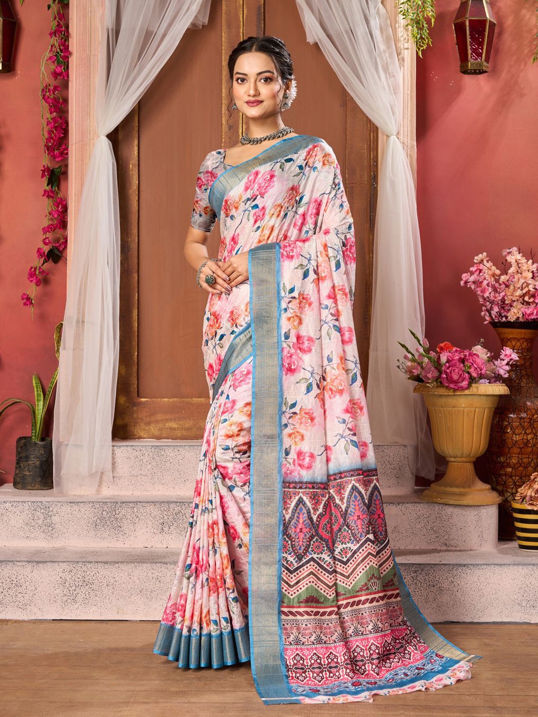 

KALINI Floral Zari Saree, Pink