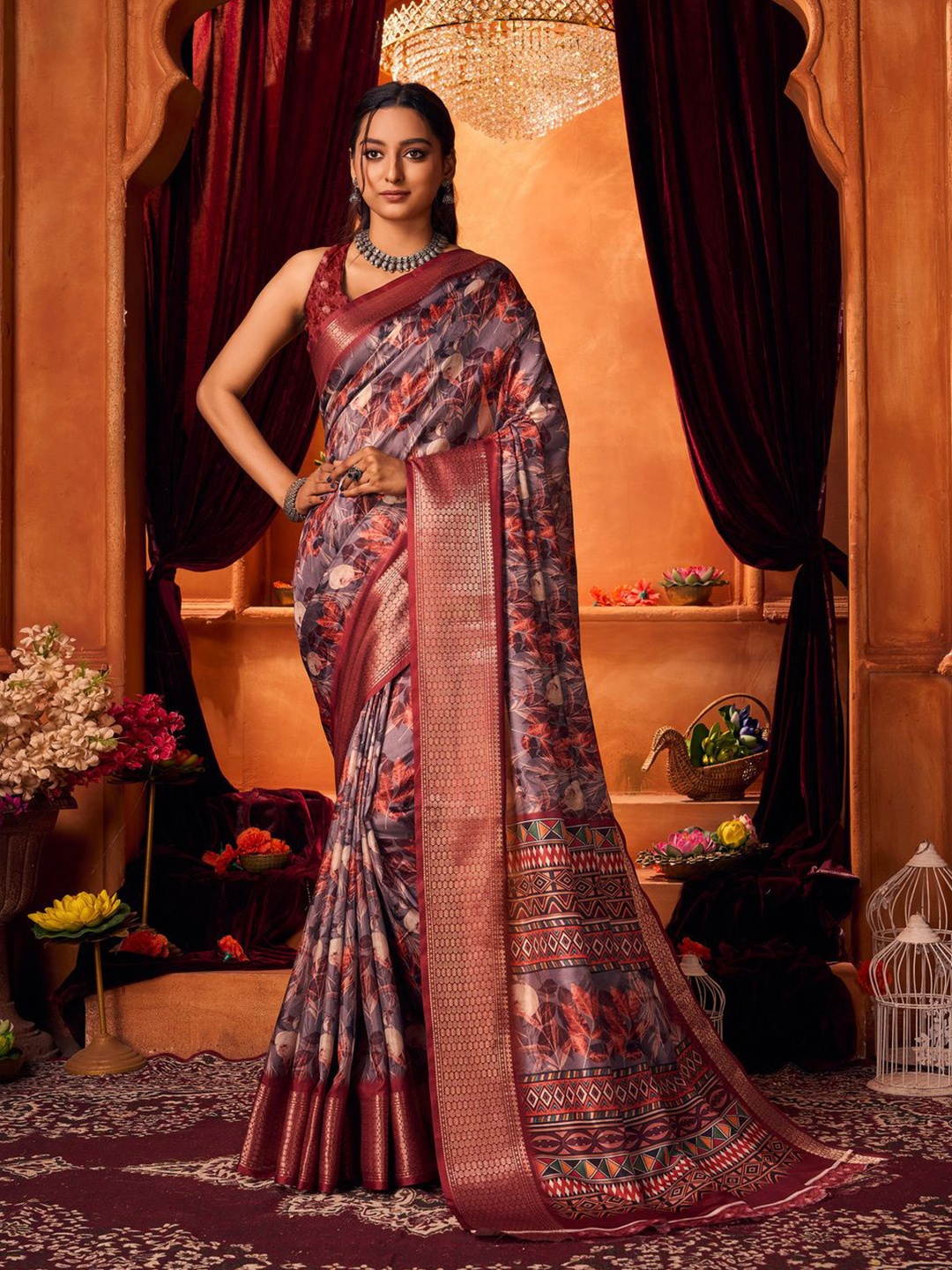 

KALINI Floral Zari Saree, Brown