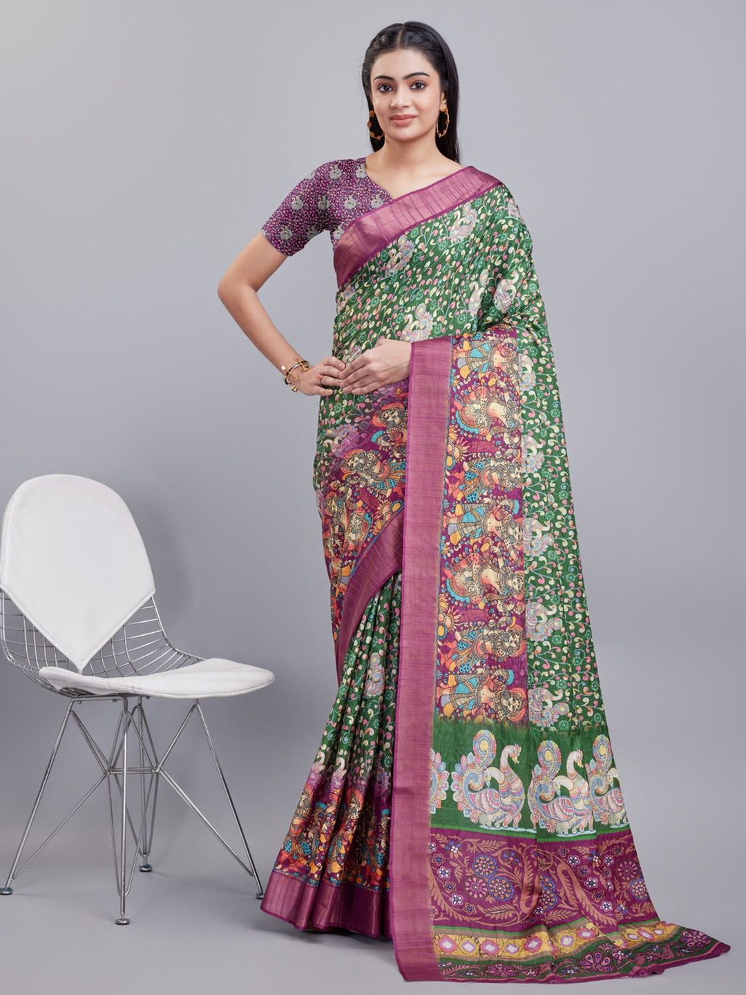 

KALINI Ethnic Motif Zari Woven Saree, Green