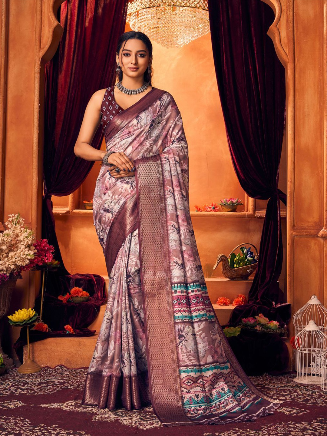 

KALINI Floral Printed Zari Saree, Mauve