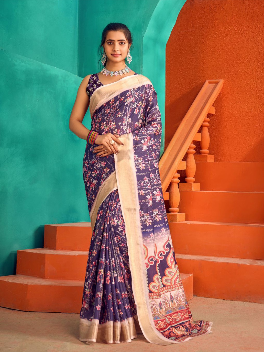 

KALINI Floral Printed Zari Saree, Purple