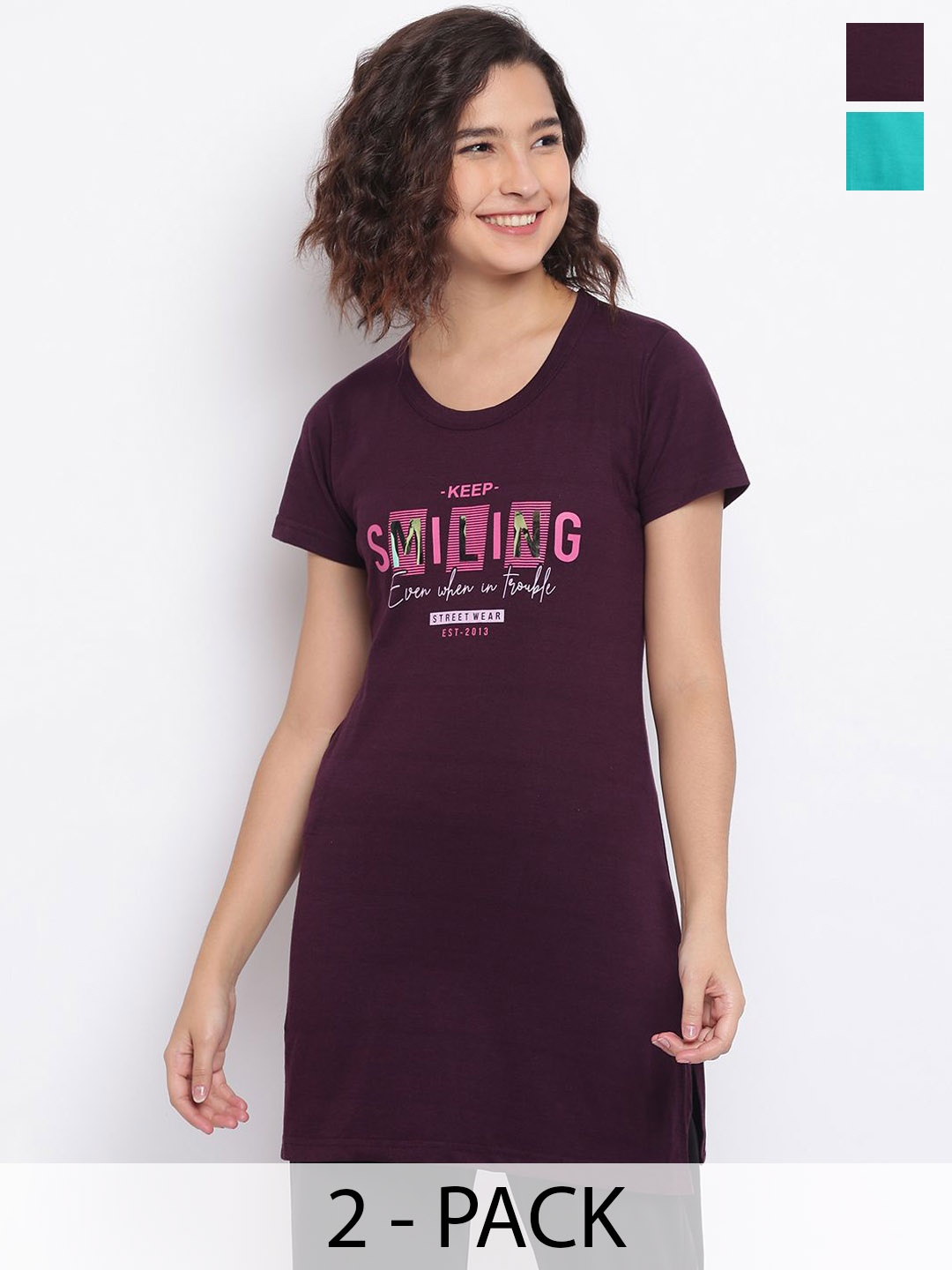 

Duchess Women Pack Of 2 Printed Lounge Long T-Shirts, Purple