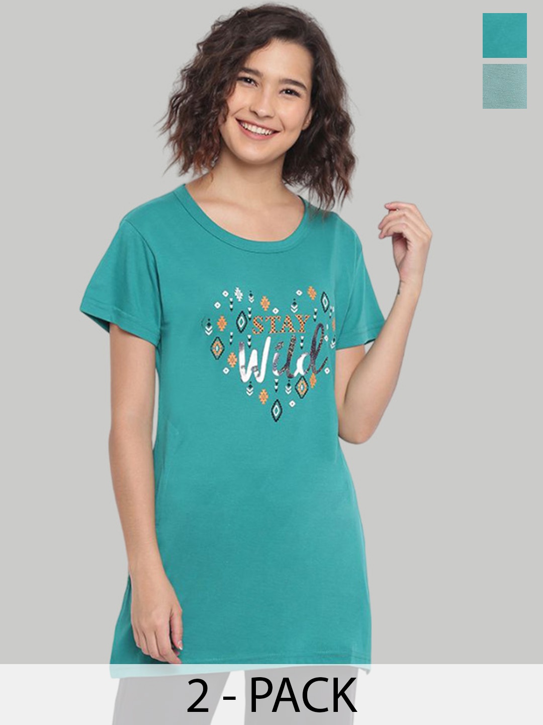 

Duchess Pack Of 2 Women Printed Cotton Lounge T-Shirts, Sea green