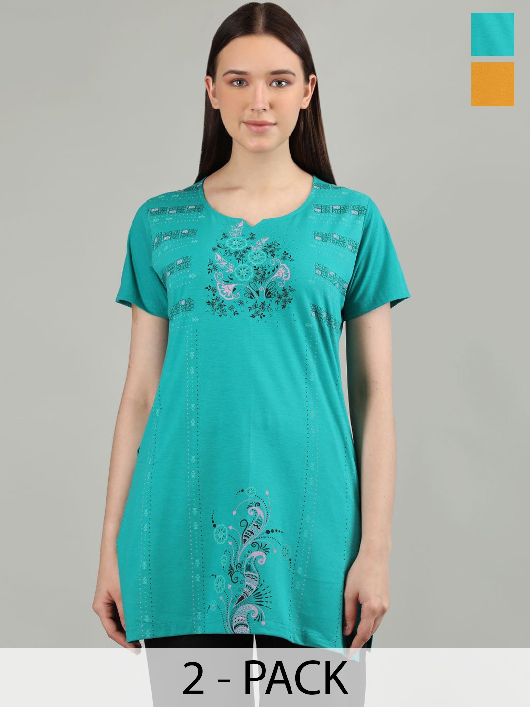 

Duchess Women Pack Of 2 Printed Round Neck Short Sleeves Lounge Tshirts, Green