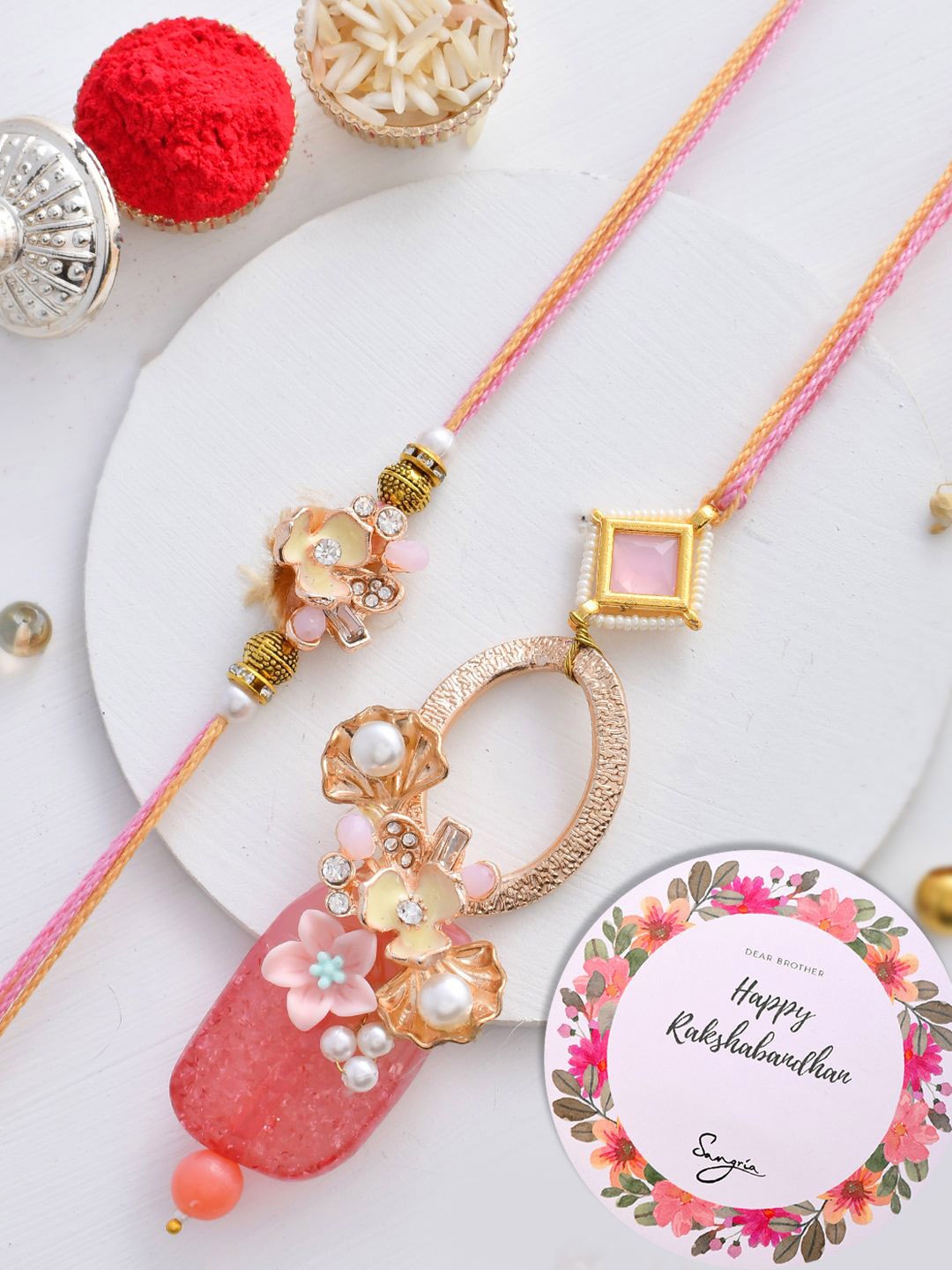 

Sangria Bhaiya Bhabhi Beaded Rakhis With Card & Roli Rice, Gold