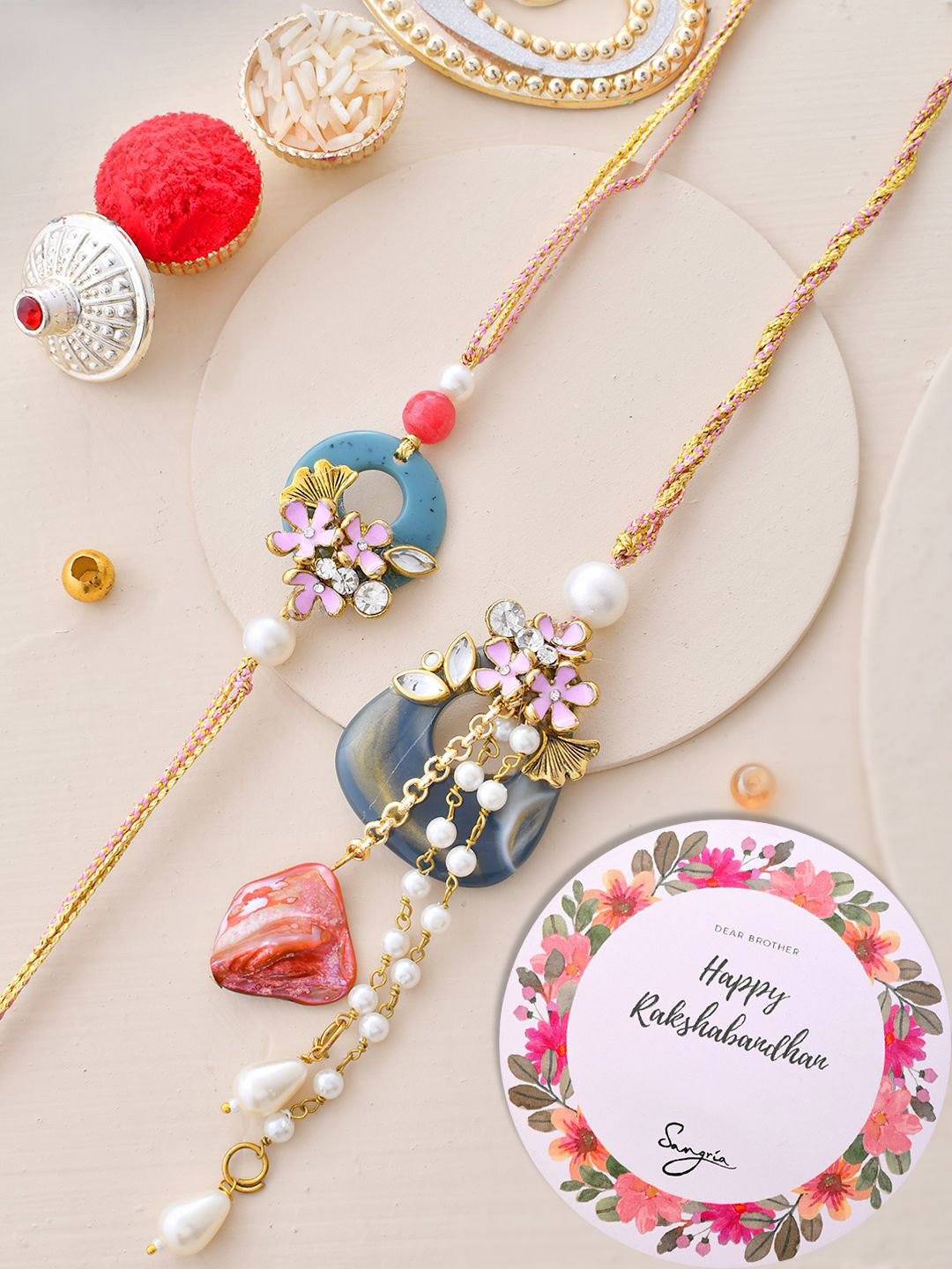 

Sangria Stone Studded Bhaiya Bhaiya Rakhi Greeting Card & Roli Chawal, Gold