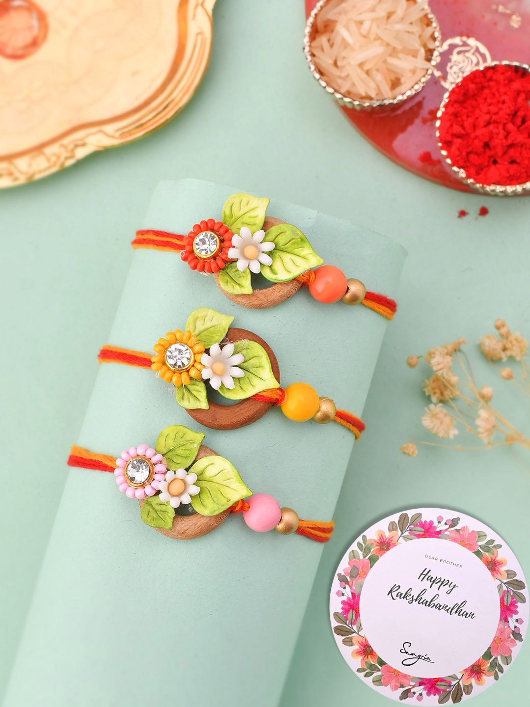 

Sangria Set Of 3 Beaded Rakhis With Card & Roli Rice, Green