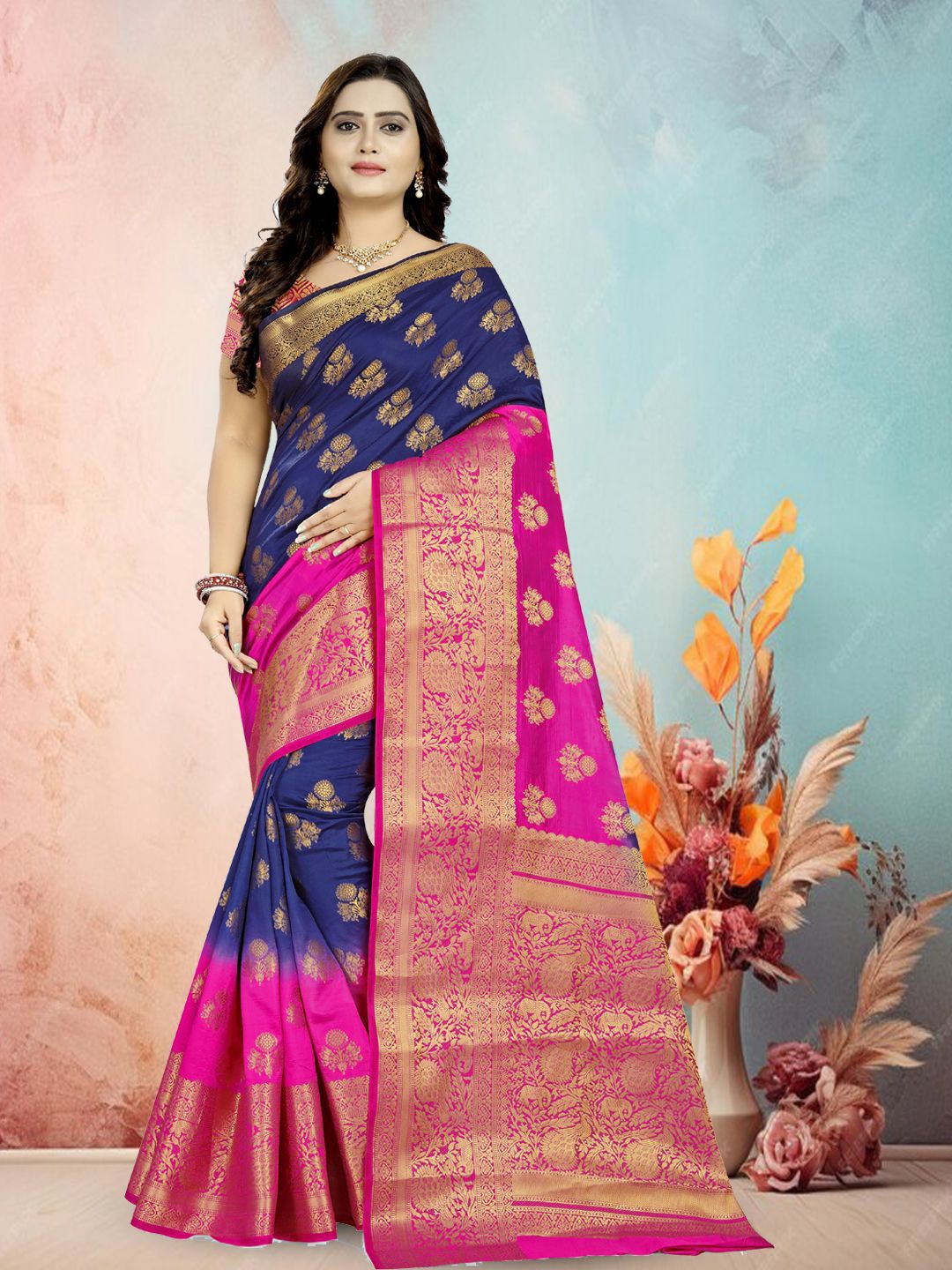 

KAVINDI Women Pure Silk Woven Design Banarasi Sarees, Blue
