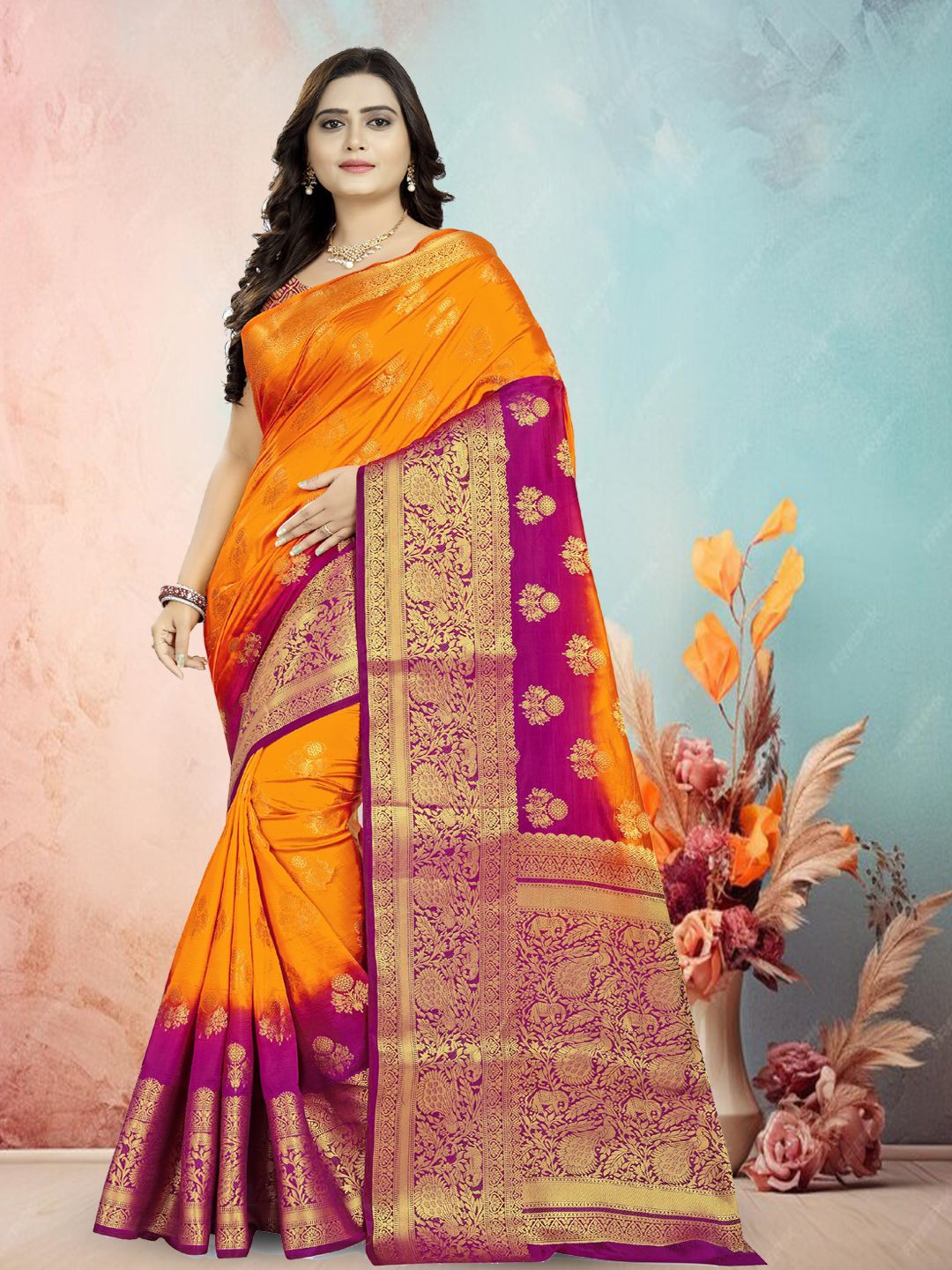 

KAVINDI Ethnic Motifs Pure Silk Banarasi Saree, Orange