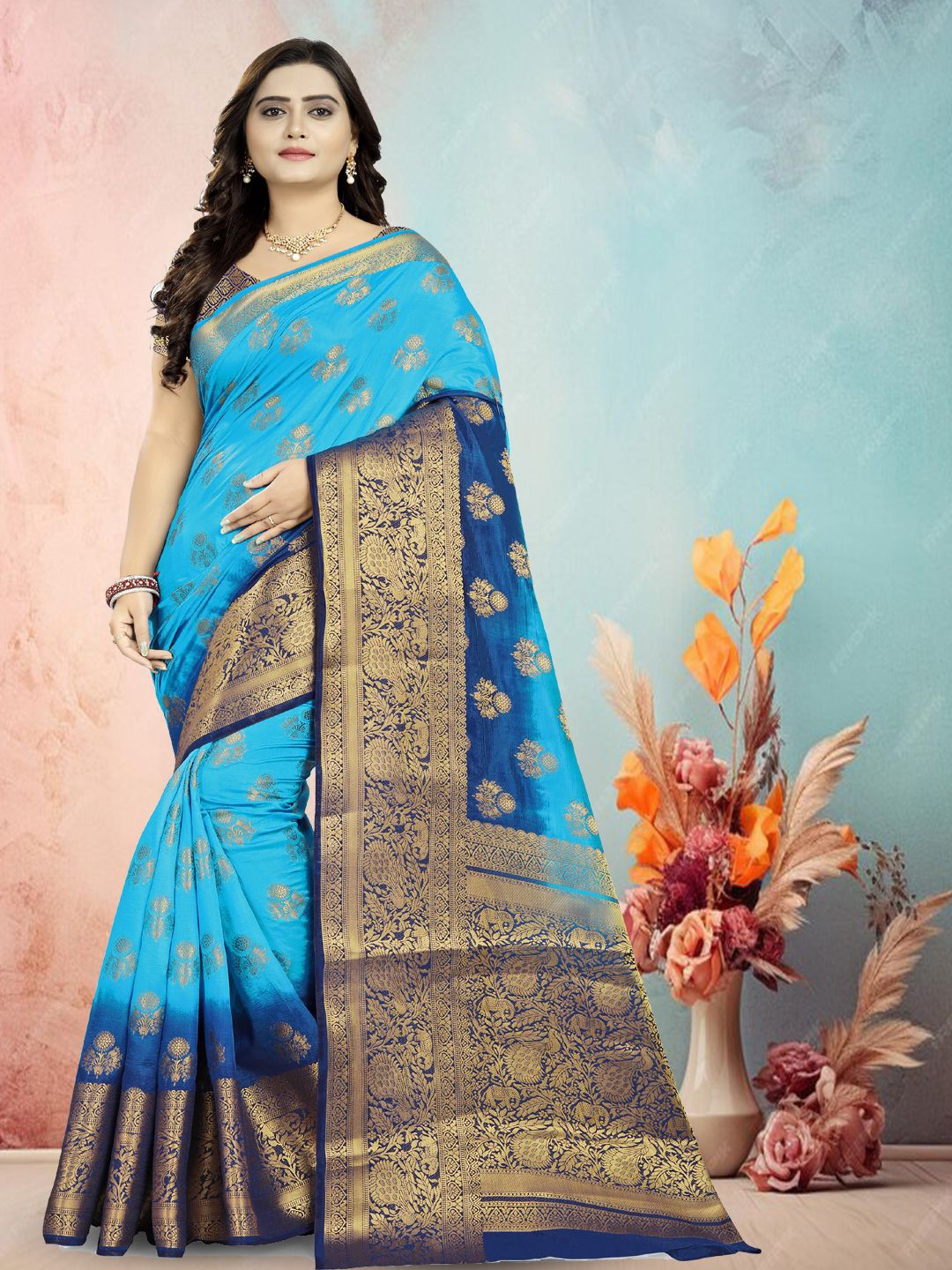 

KAVINDI Banarasi Pure Silk Woven Design Zari Traditional Sarees, Turquoise blue