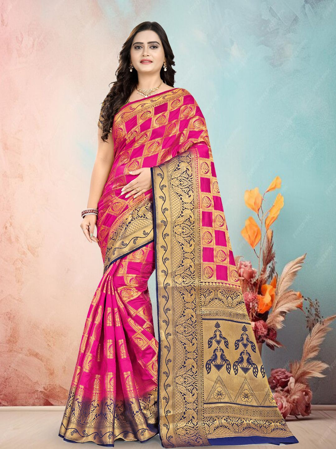 

KAVINDI Ethnic Motifs Woven Design Banarasi Sarees, Pink